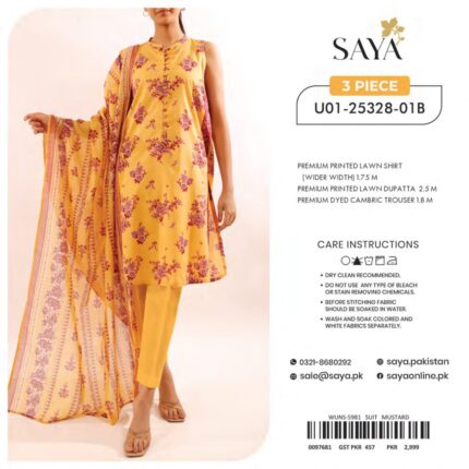 SAYA Lawn 2025 – 3-Piece Unstitched Lawn Suit – 10 Designs